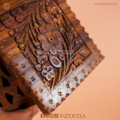 Premium Square Wooden Table Lamp with Handcrafted Carving | Woodenxa