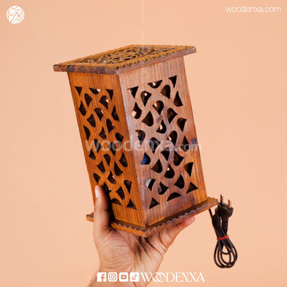 Premium Square Wooden Table Lamp with Handcrafted Carving | Woodenxa