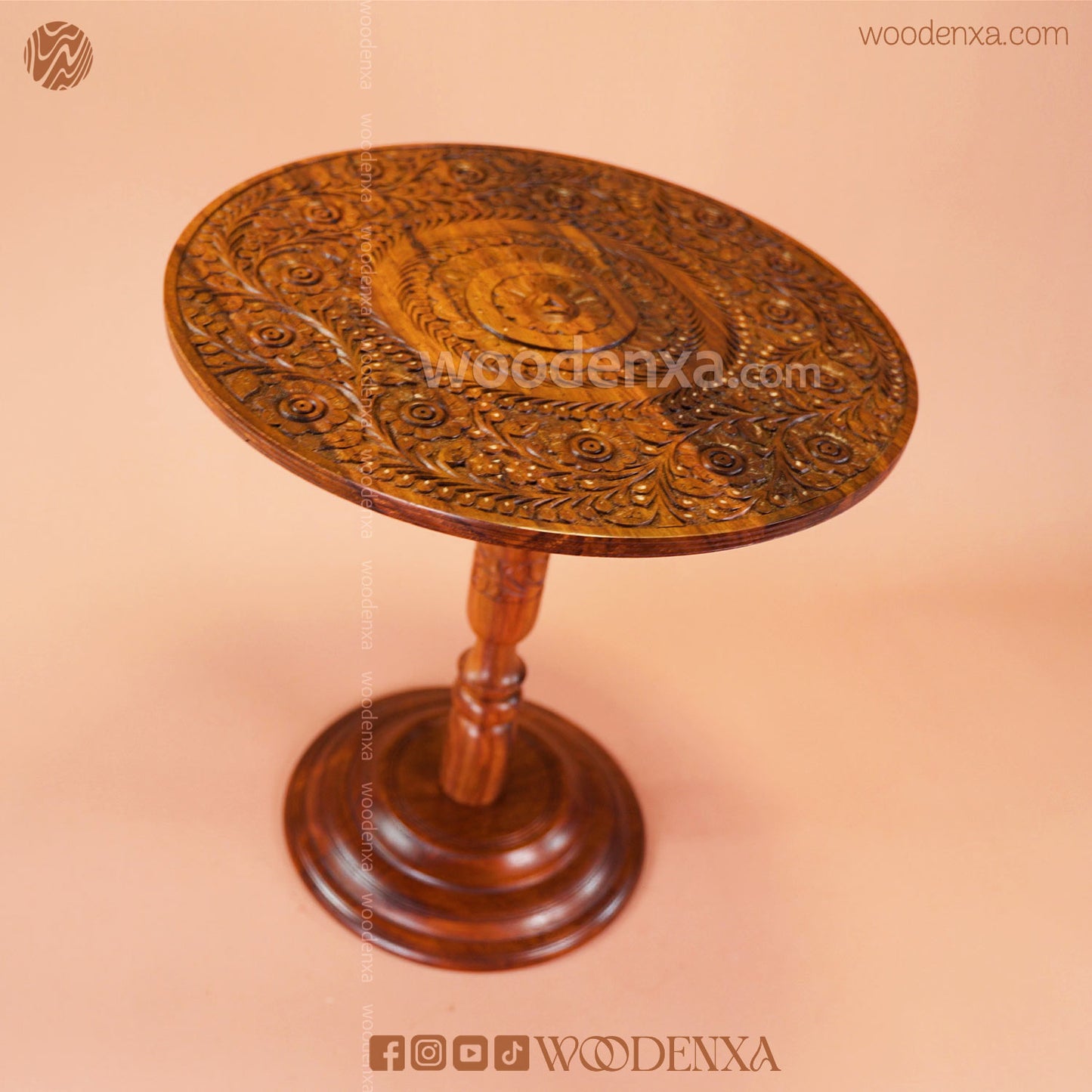 Round Wooden Coffee Table 18 Inch | Hand-Carved Sheesham Wood by Woodenxa