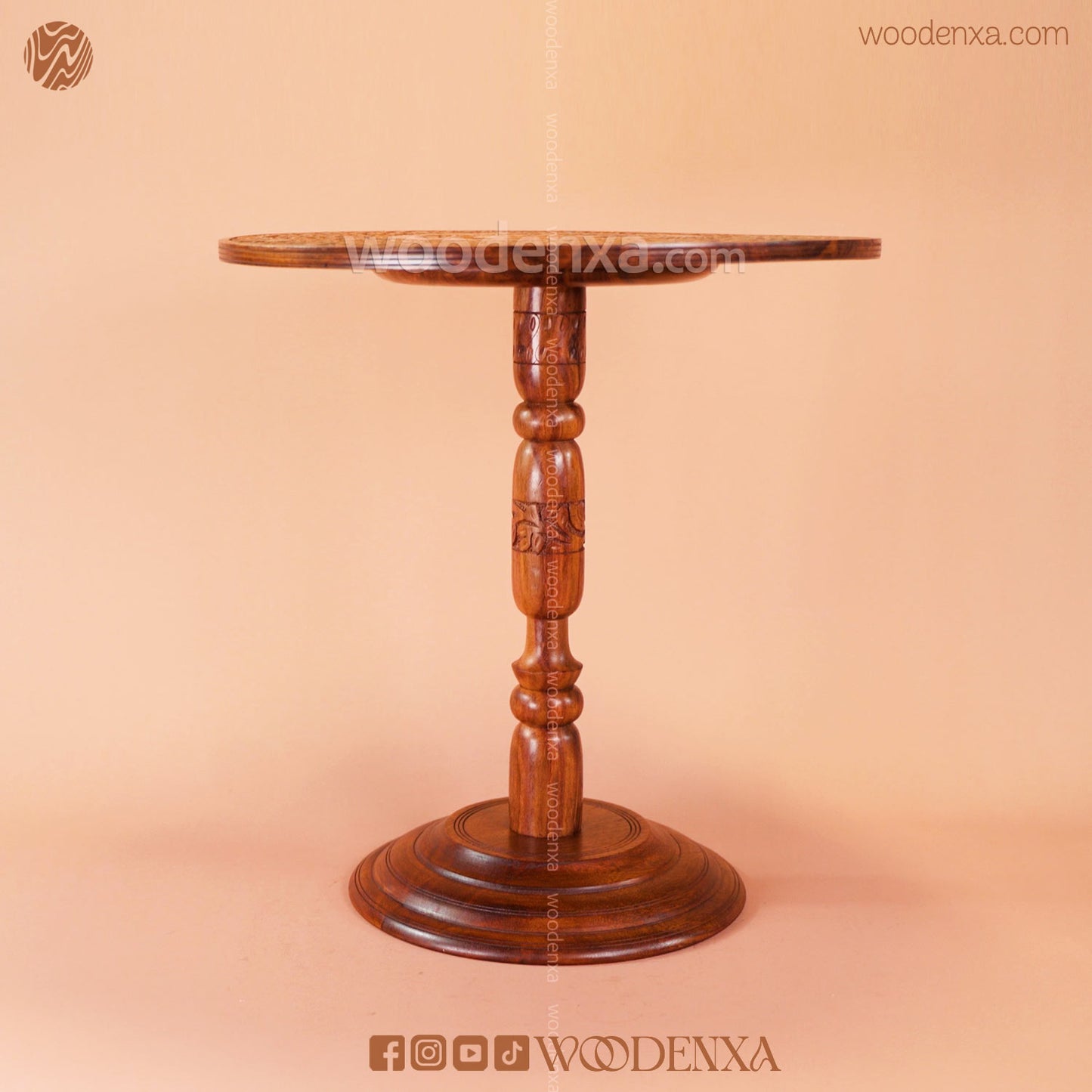 Round Wooden Coffee Table 18 Inch | Hand-Carved Sheesham Wood by Woodenxa