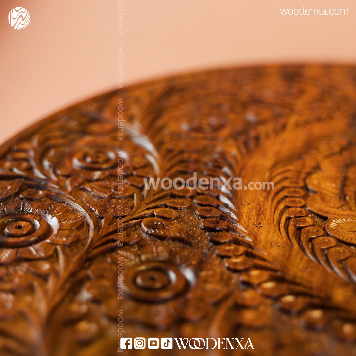 Round Wooden Coffee Table 18 Inch | Hand-Carved Sheesham Wood by Woodenxa
