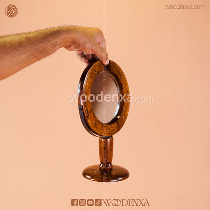 Sheesham Wood Portable Makeup Mirror with Stand & Brass Work | Woodenxa