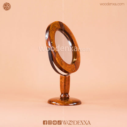 Sheesham Wood Portable Makeup Mirror with Stand & Brass Work | Woodenxa