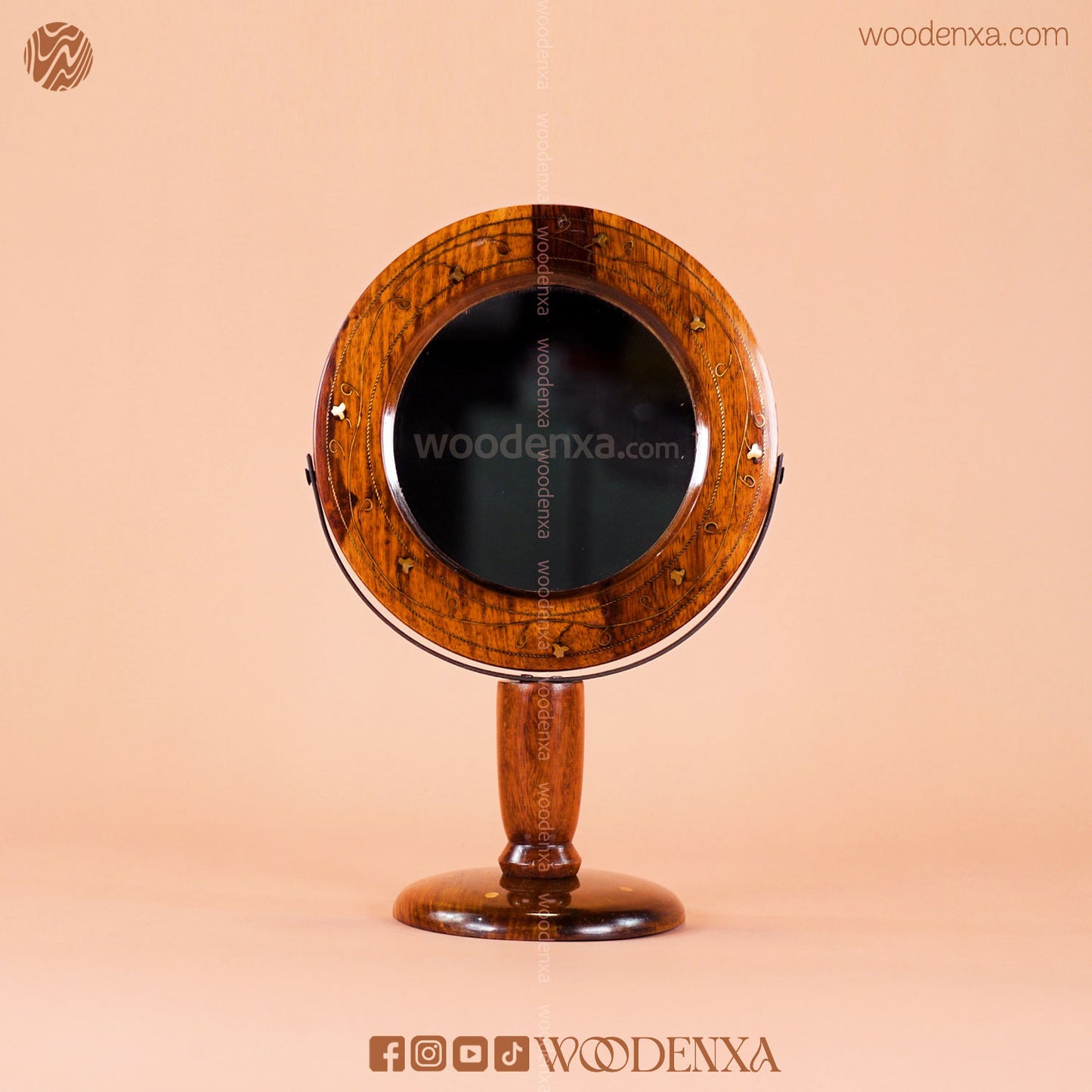 Sheesham Wood Portable Makeup Mirror with Stand & Brass Work | Woodenxa
