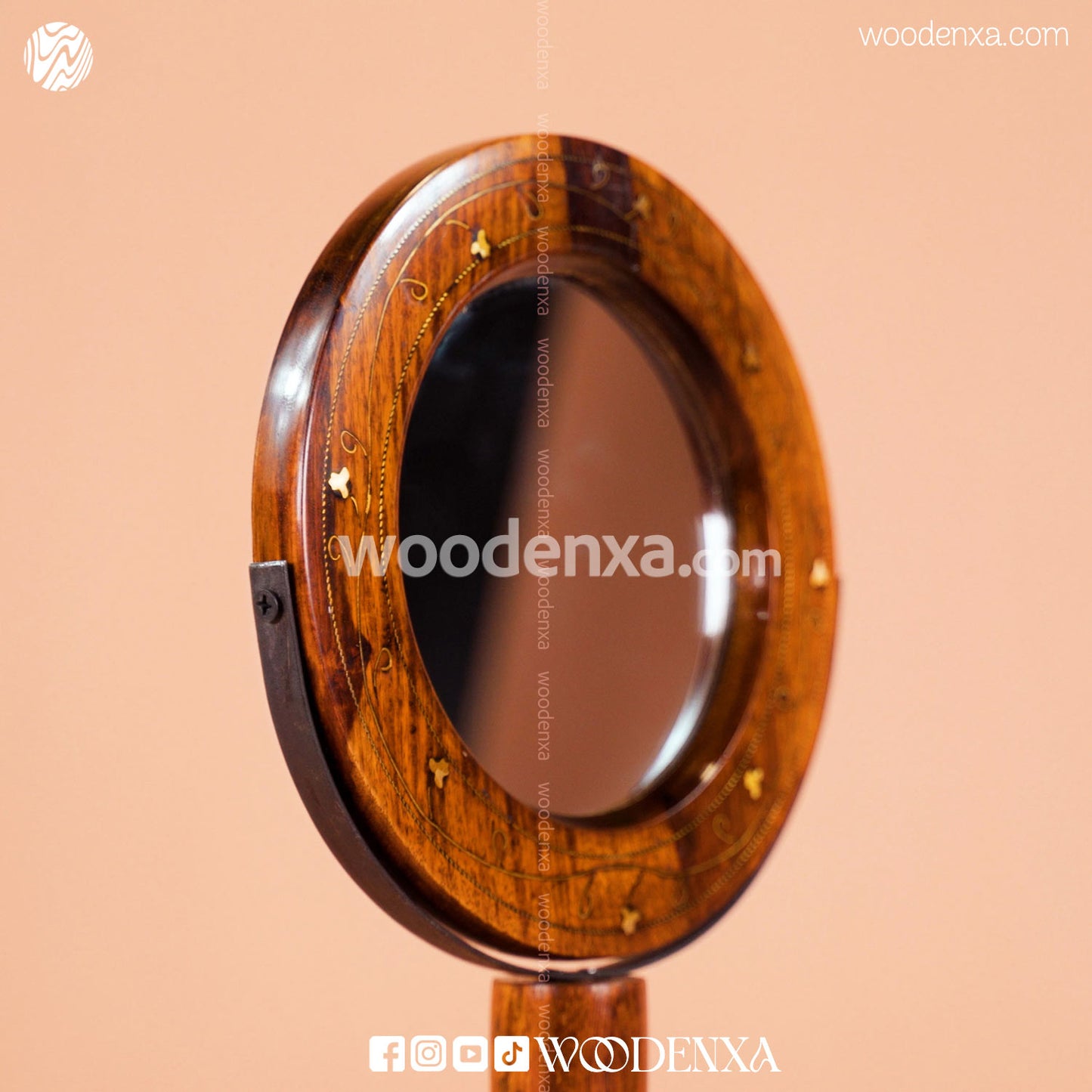Sheesham Wood Portable Makeup Mirror with Stand & Brass Work | Woodenxa