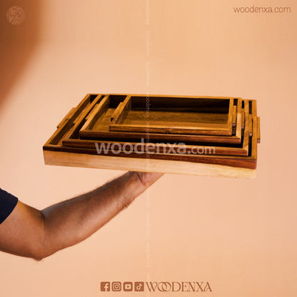 Sheesham Wooden Tray Set of 4 – Handcrafted Serving Trays for Kitchen & Dining Table | Woodenxa