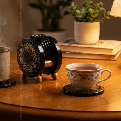 Wooden Handcrafted Tea Mates for 6 Cups – Black & Golden Naqshi Art by Woodenxa