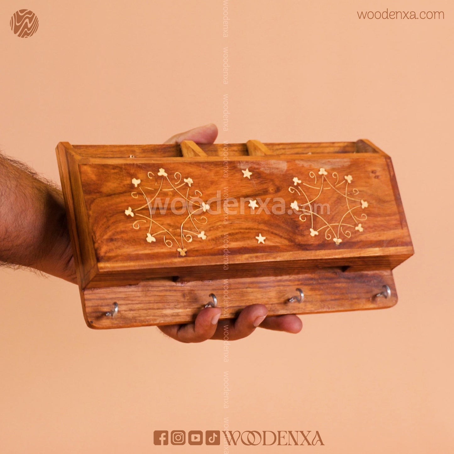 Wall Mounted Wooden Dual Mobile & Key Holder with Brass Work | Handmade by Woodenxa