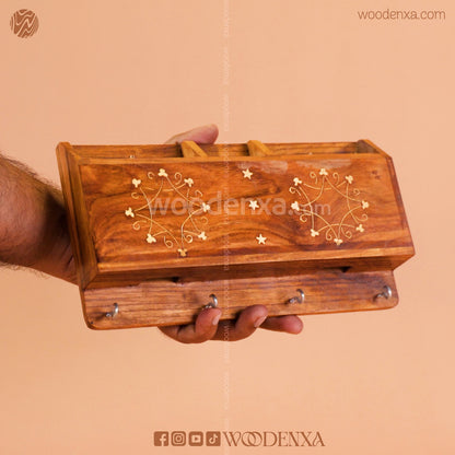 Wall Mounted Wooden Dual Mobile & Key Holder with Brass Work | Handmade by Woodenxa