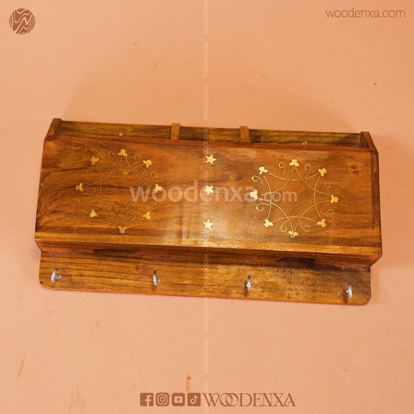 Wall Mounted Wooden Dual Mobile & Key Holder with Brass Work | Handmade by Woodenxa