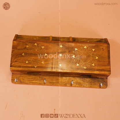 Wall Mounted Wooden Dual Mobile & Key Holder with Brass Work | Handmade by Woodenxa