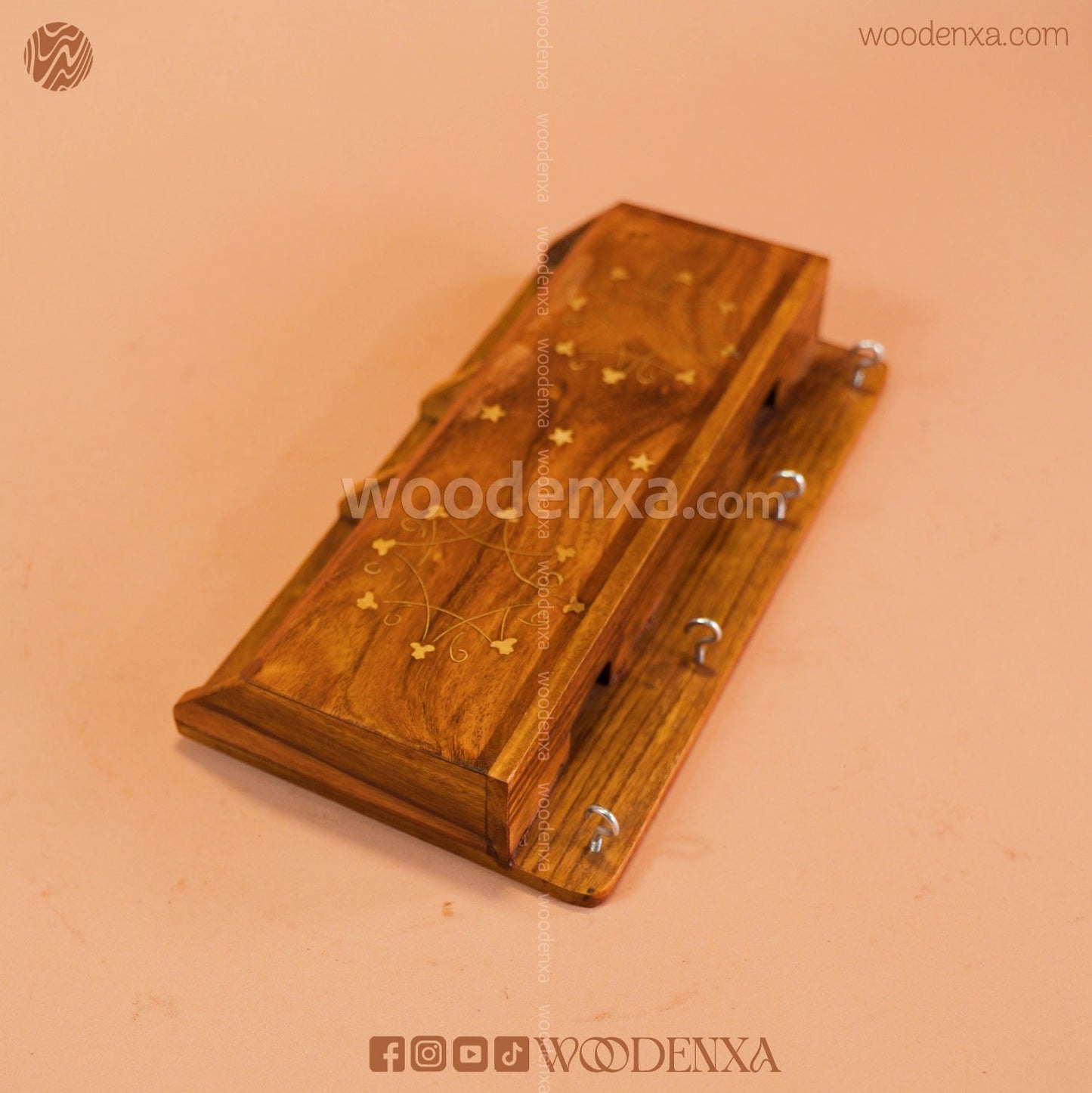 Wall Mounted Wooden Dual Mobile & Key Holder with Brass Work | Handmade by Woodenxa