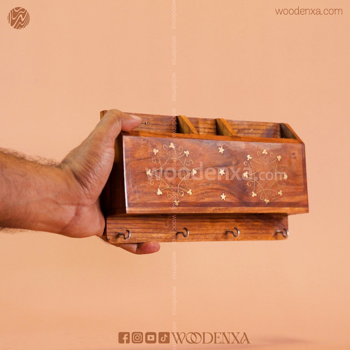 Wall Mounted Wooden Dual Mobile & Key Holder with Brass Work | Handmade by Woodenxa