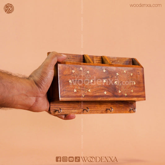 Wall Mounted Wooden Dual Mobile & Key Holder with Brass Work | Handmade by Woodenxa