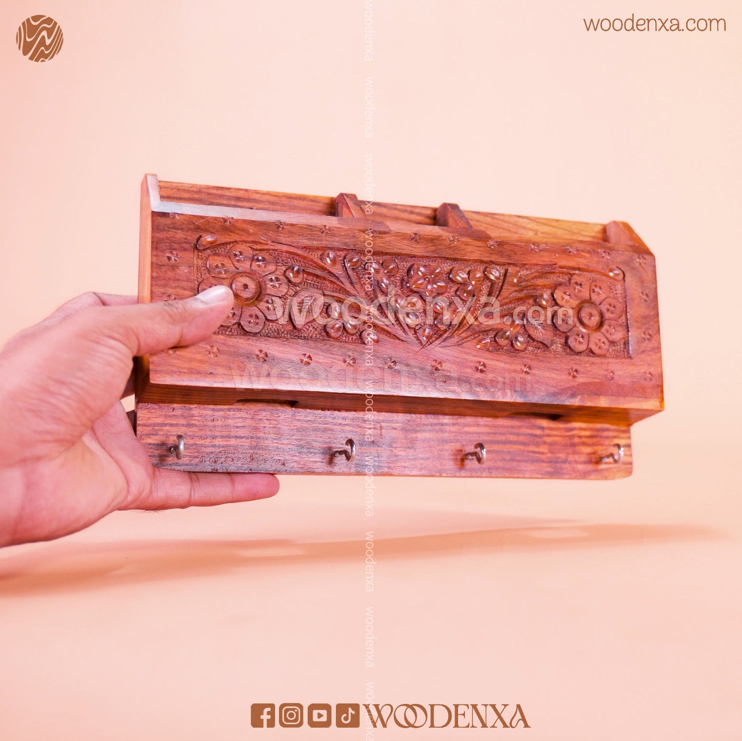 Wall Mounted Wooden Dual Mobile & Key Holder with Carving | Handmade by Woodenxa