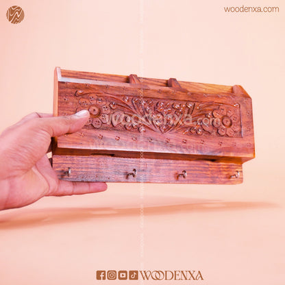 Wall Mounted Wooden Dual Mobile & Key Holder with Carving | Handmade by Woodenxa