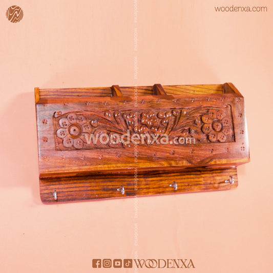 Wall Mounted Wooden Dual Mobile & Key Holder with Carving | Handmade by Woodenxa