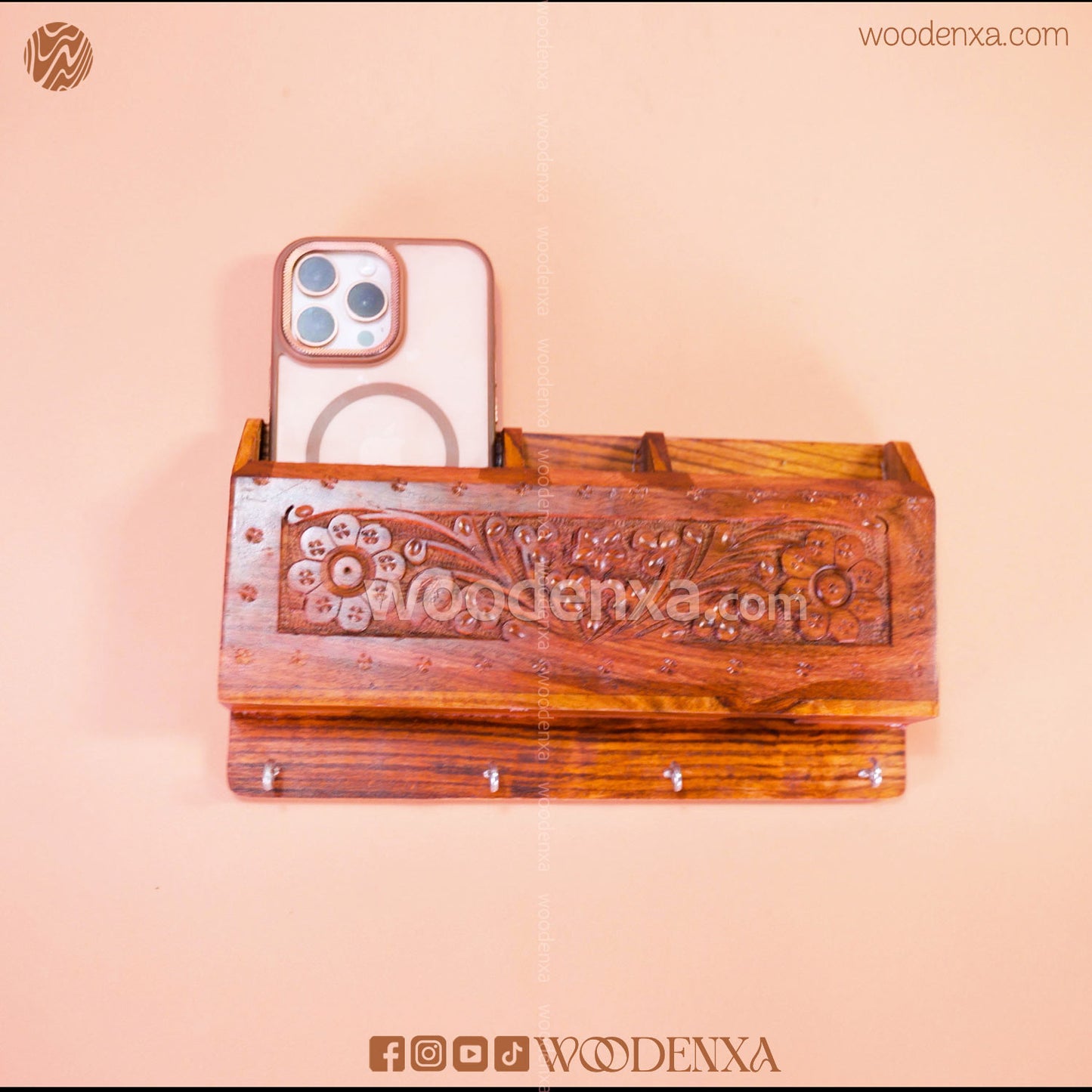 Wall Mounted Wooden Dual Mobile & Key Holder with Carving | Handmade by Woodenxa