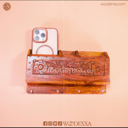 Wall Mounted Wooden Dual Mobile & Key Holder with Carving | Handmade by Woodenxa