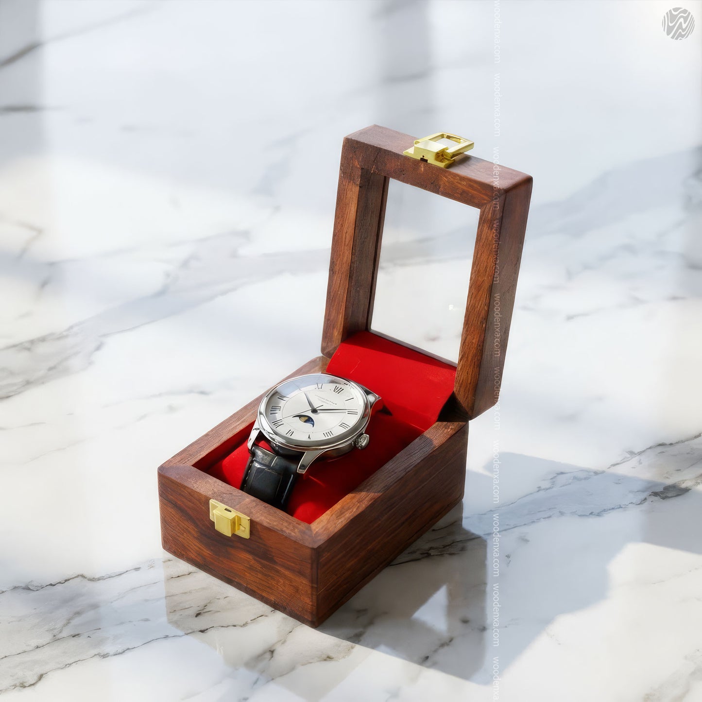 1 Wooden Watch Box with Glass Top & Golden Button | Handmade Sheesham Wood by Woodenxa