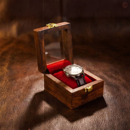 1 Wooden Watch Box with Glass Top & Golden Button | Handmade Sheesham Wood by Woodenxa