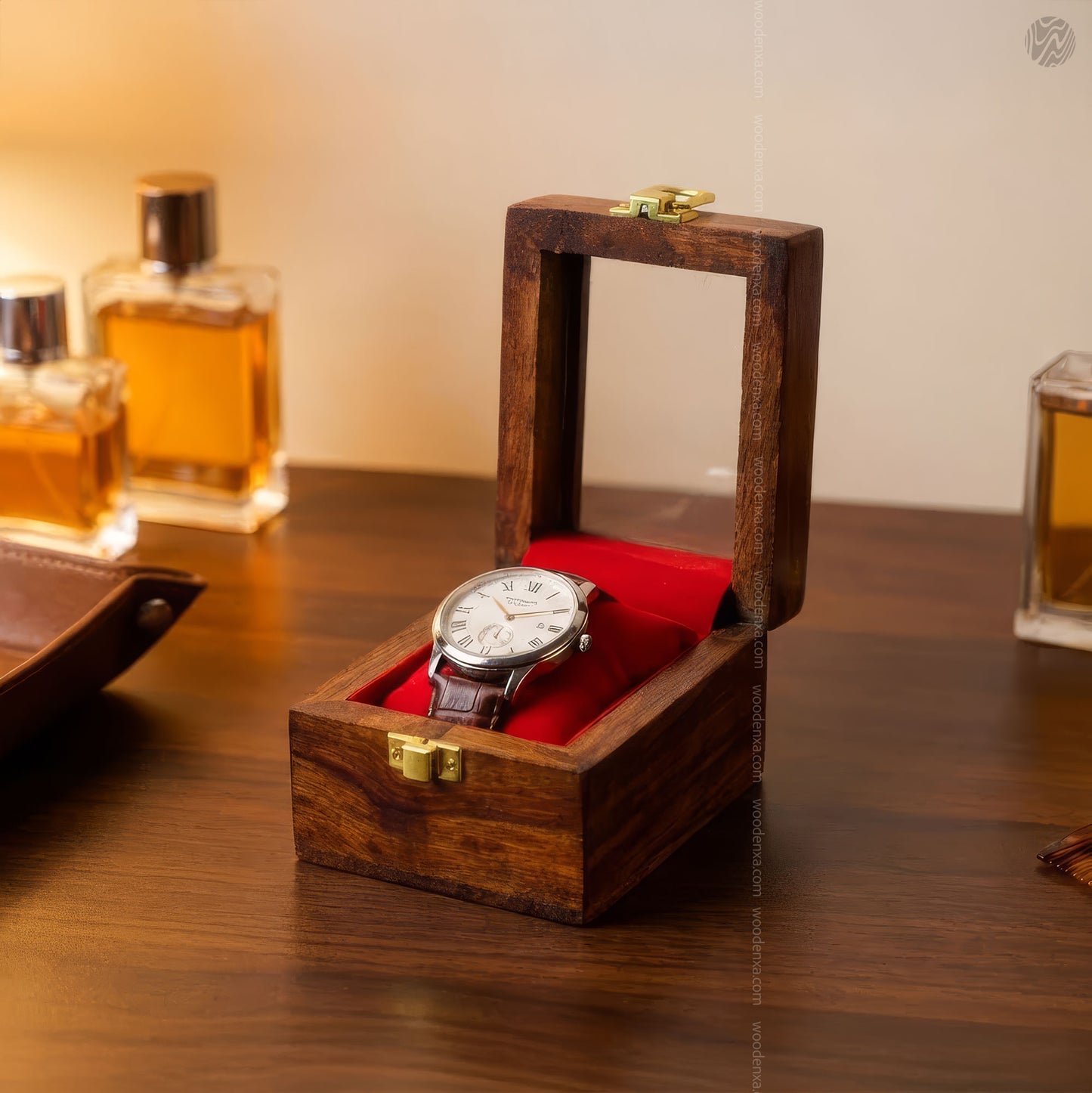 1 Wooden Watch Box with Glass Top & Golden Button | Handmade Sheesham Wood by Woodenxa