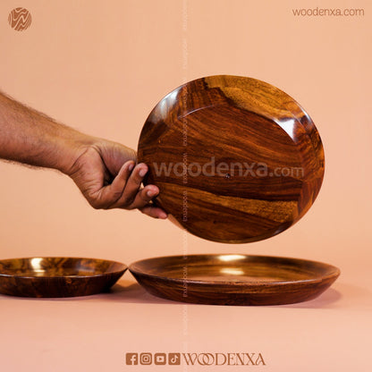 Wooden 3 Plate Set with Artistic Brass Work | Handmade by Woodenxa