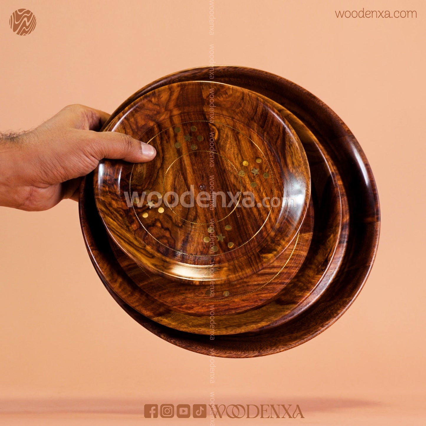 Wooden 3 Plate Set with Artistic Brass Work | Handmade by Woodenxa