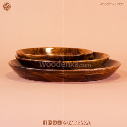 Wooden 3 Plate Set with Artistic Brass Work | Handmade by Woodenxa