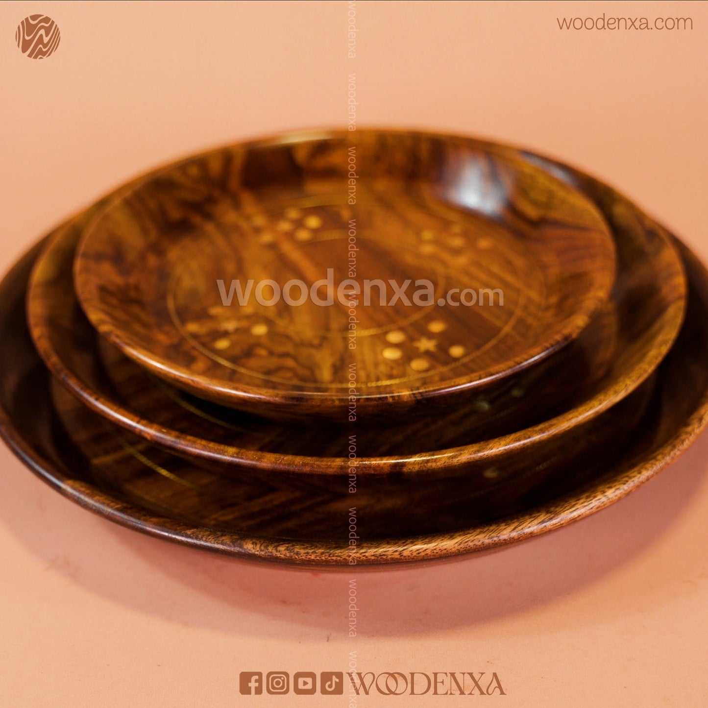 Wooden 3 Plate Set with Artistic Brass Work | Handmade by Woodenxa