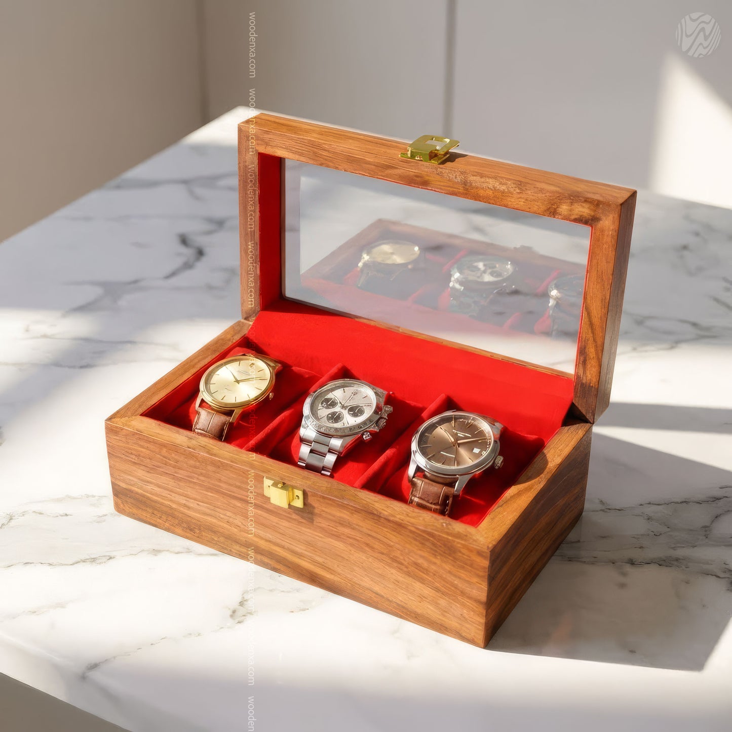 3 Watch Wooden Box with Glass Top, Carving & Golden Button | Handmade by Woodenxa