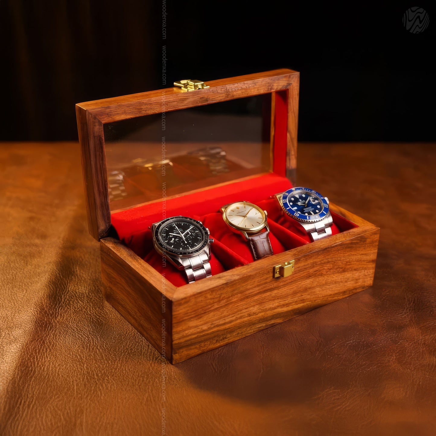 3 Watch Wooden Box with Glass Top, Carving & Golden Button | Handmade by Woodenxa