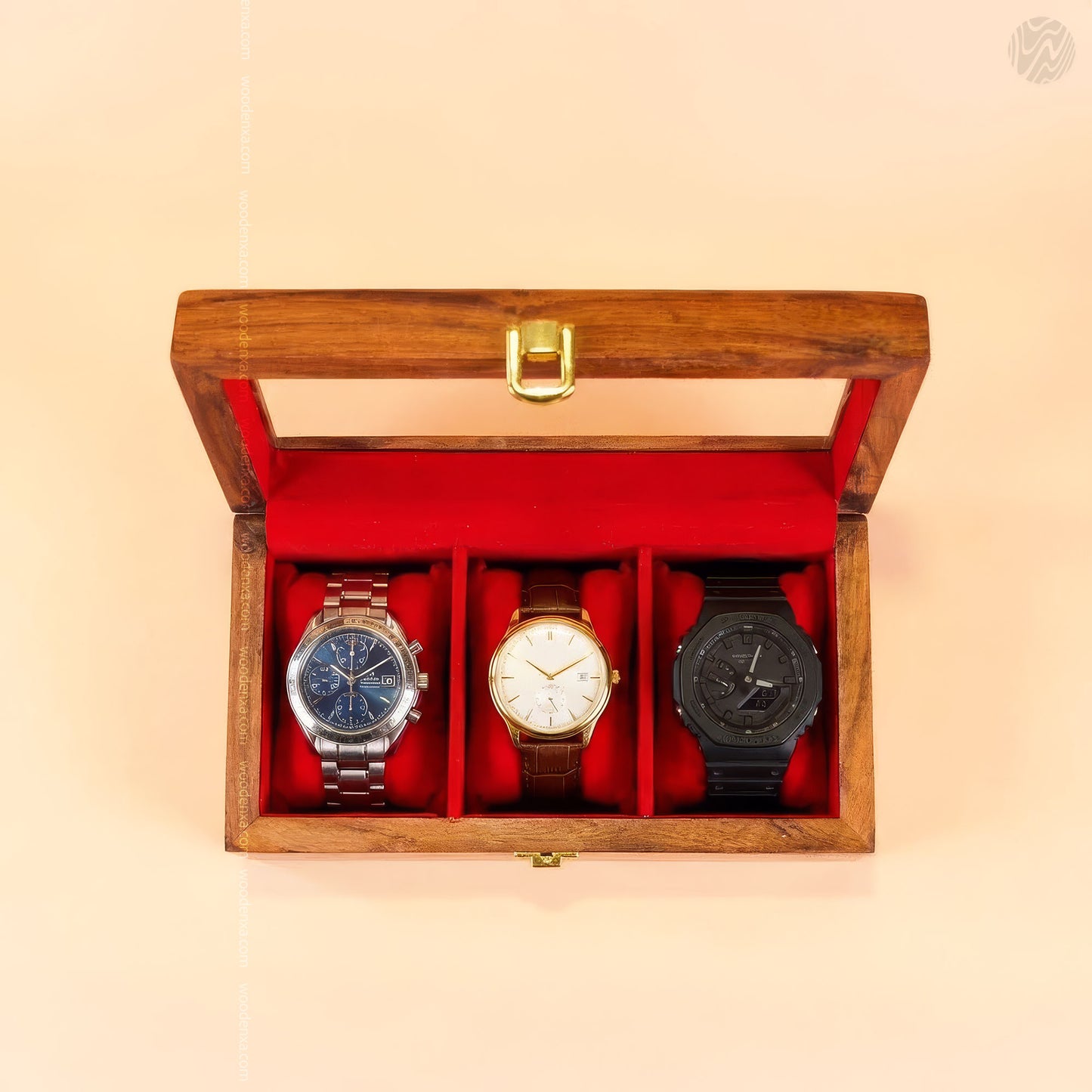 3 Watch Wooden Box with Glass Top, Carving & Golden Button | Handmade by Woodenxa