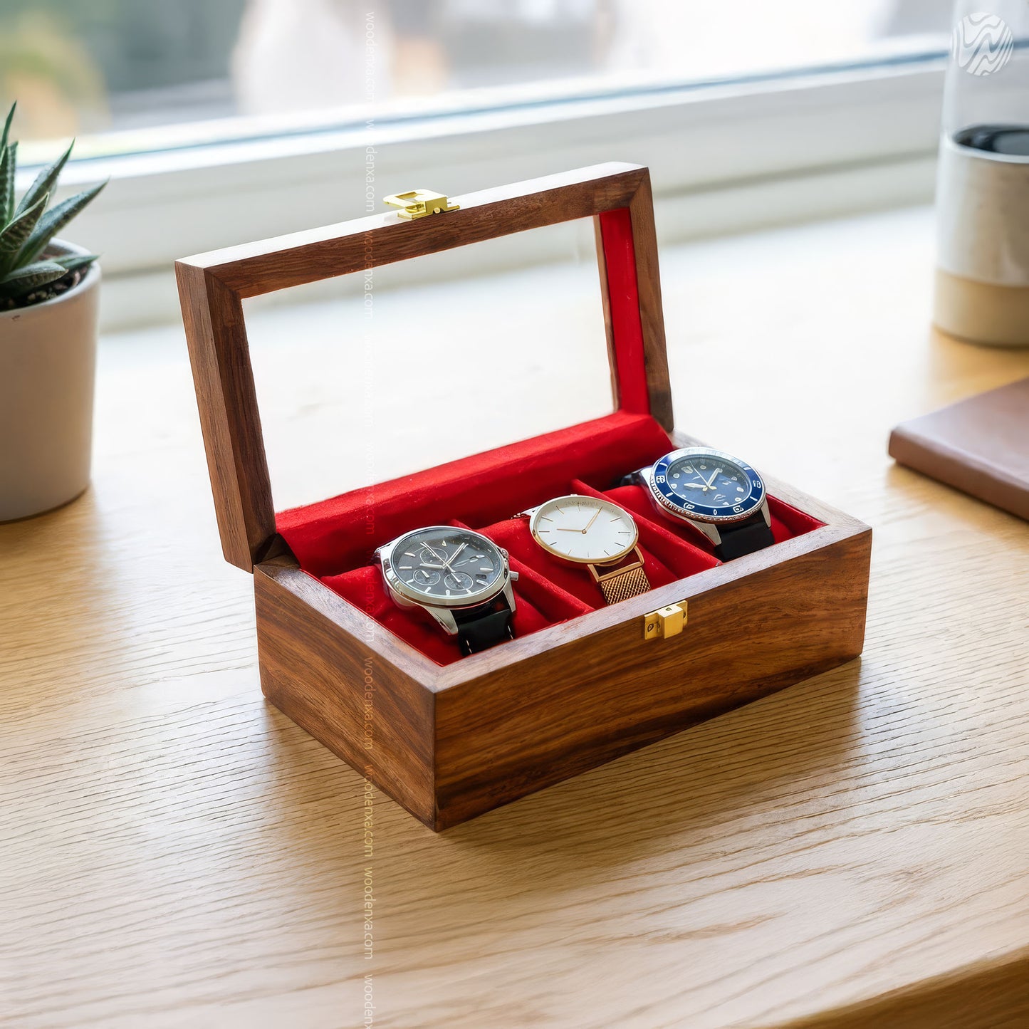 3 Watch Wooden Box with Glass Top, Carving & Golden Button | Handmade by Woodenxa