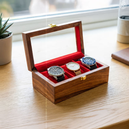 3 Watch Wooden Box with Glass Top, Carving & Golden Button | Handmade by Woodenxa