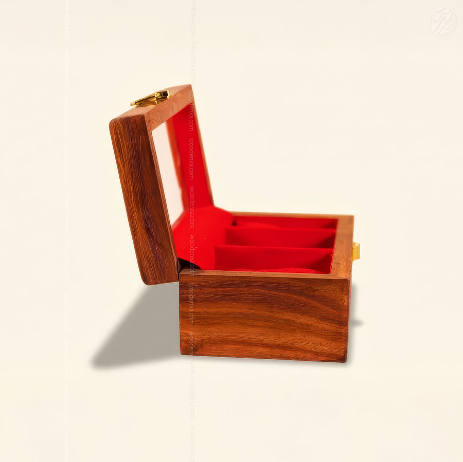 3 Watch Wooden Box with Glass Top, Carving & Golden Button | Handmade by Woodenxa