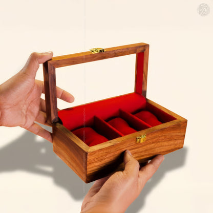 3 Watch Wooden Box with Glass Top, Carving & Golden Button | Handmade by Woodenxa