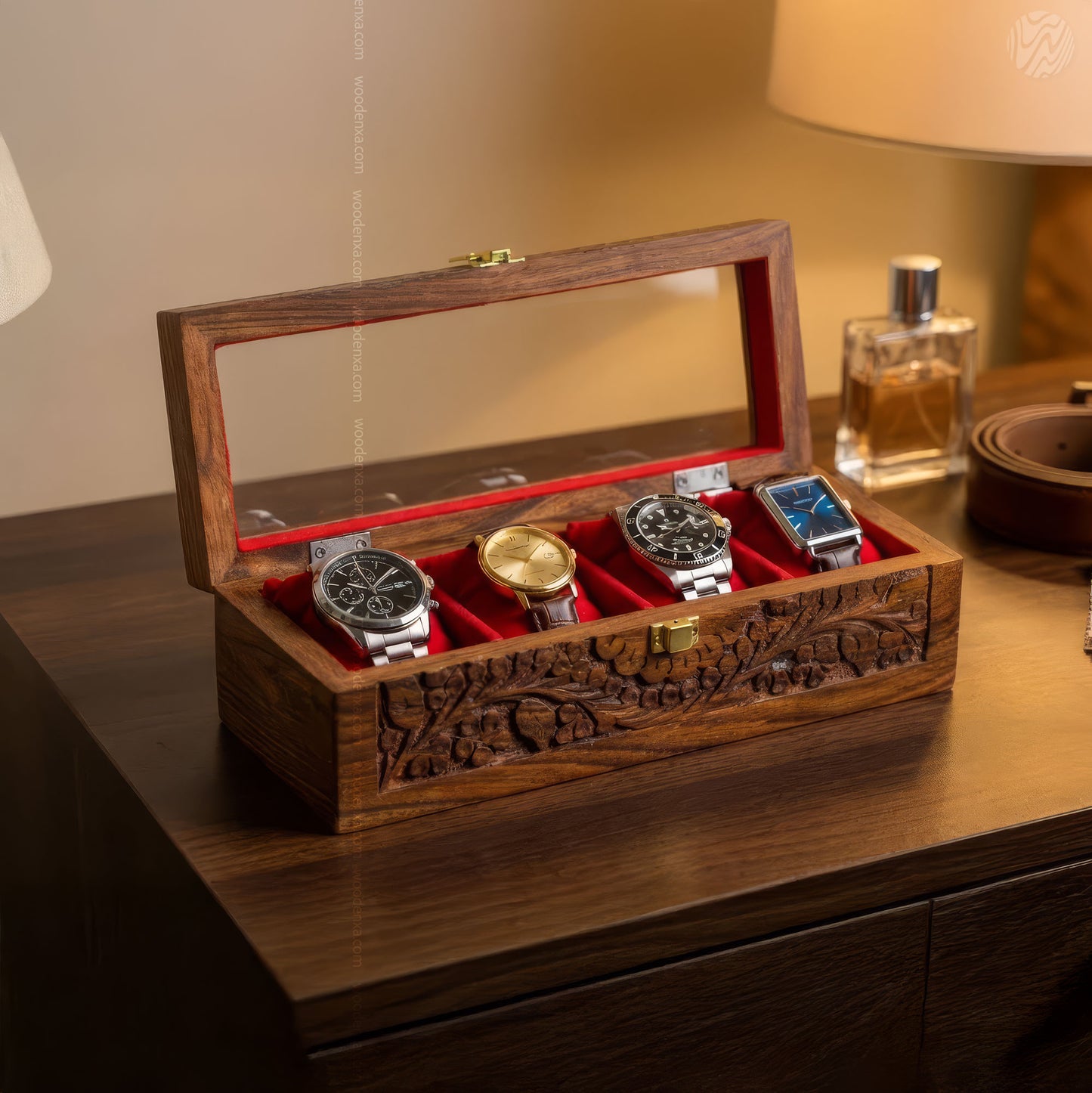 4 Watch Wooden Box with Glass Top, Carving & Golden Button | Handmade by Woodenxa