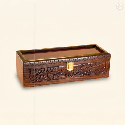 4 Watch Wooden Box with Glass Top, Carving & Golden Button | Handmade by Woodenxa