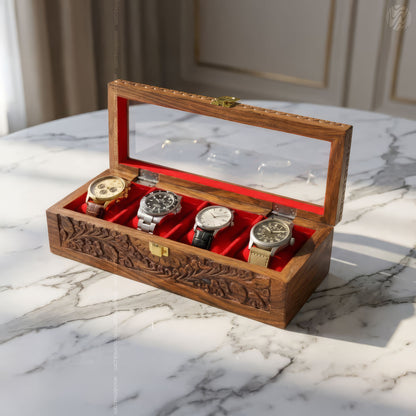 4 Watch Wooden Box with Glass Top, Carving & Golden Button | Handmade by Woodenxa