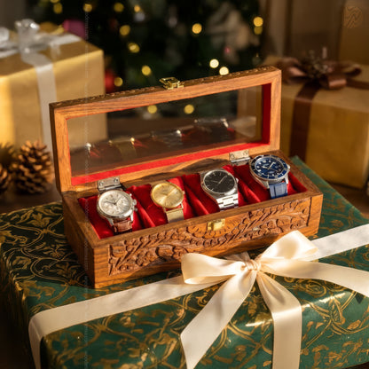 4 Watch Wooden Box with Glass Top, Carving & Golden Button | Handmade by Woodenxa