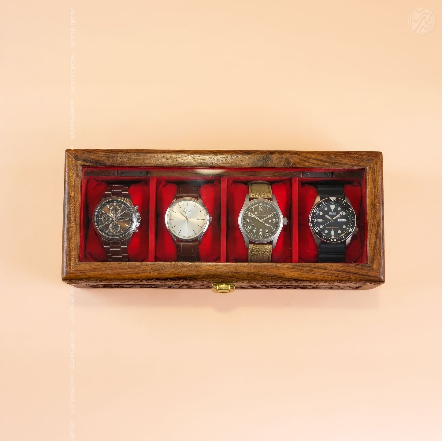 4 Watch Wooden Box with Glass Top, Carving & Golden Button | Handmade by Woodenxa