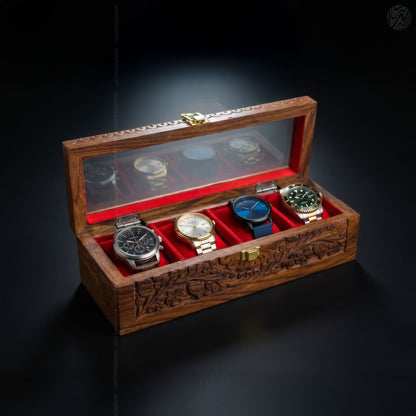 4 Watch Wooden Box with Glass Top, Carving & Golden Button | Handmade by Woodenxa
