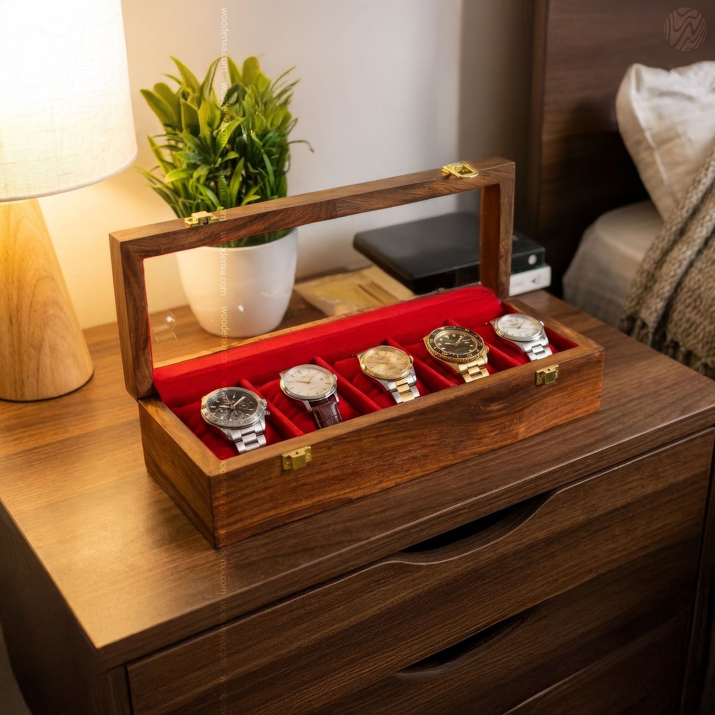 5 Watch Wooden Box with Acrylic Glass Top | Handmade by Woodenxa