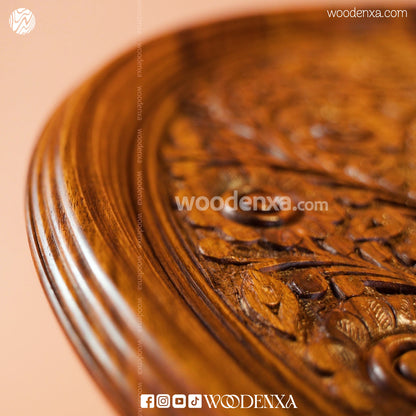 Wooden Coffee Table Brass Inlay 18 Inch | Hand-Carved Round Table by Woodenxa