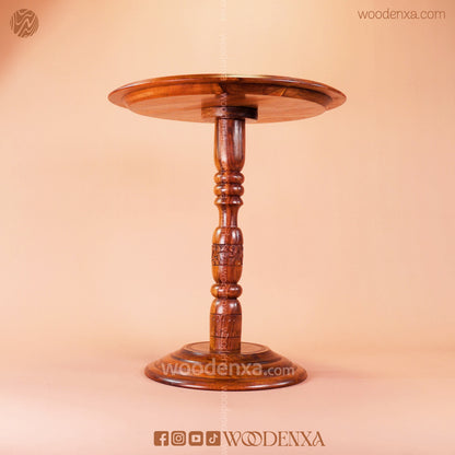 Wooden Coffee Table Brass Inlay 18 Inch | Hand-Carved Round Table by Woodenxa