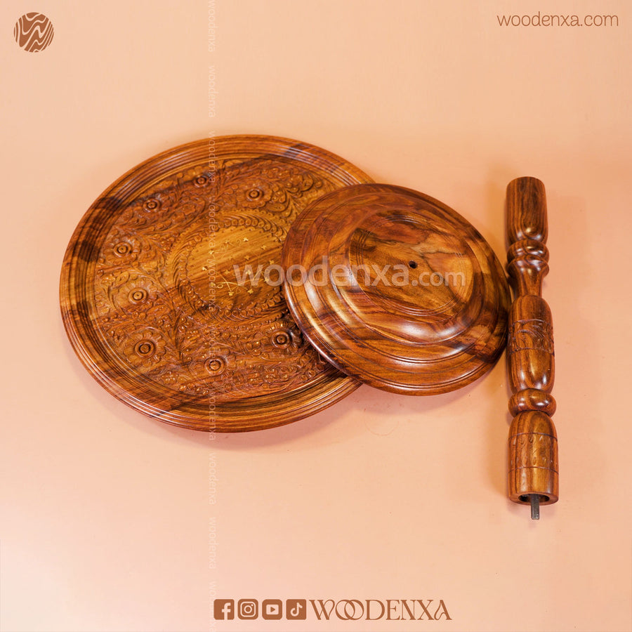 Wooden Coffee Table Brass Inlay 18 Inch | Hand-Carved Round Table by Woodenxa