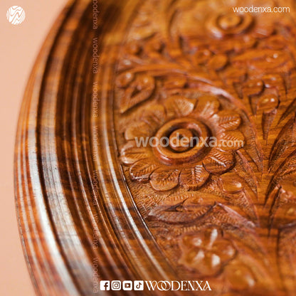 Wooden Coffee Table Brass Inlay 18 Inch | Hand-Carved Round Table by Woodenxa