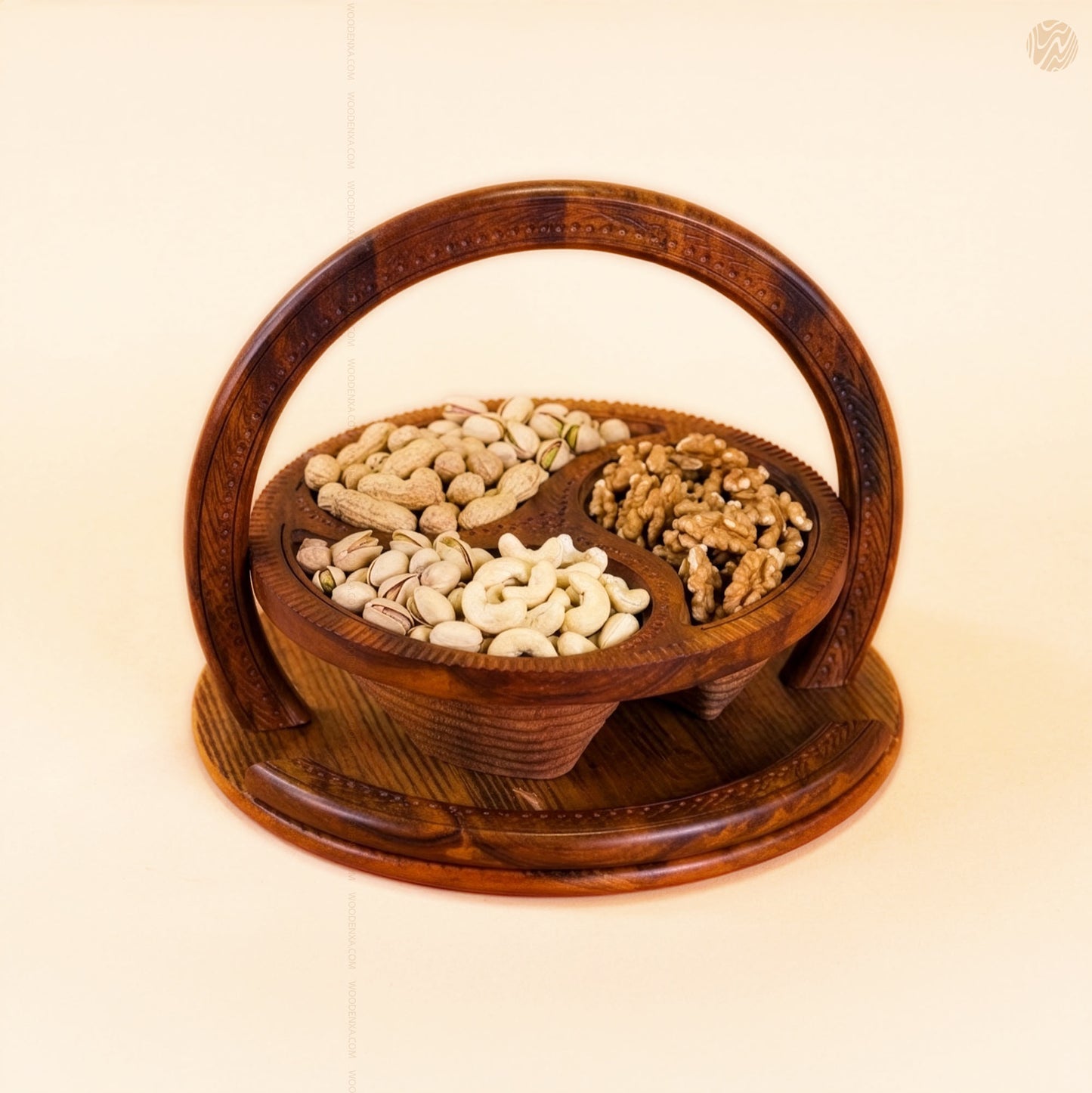 Wooden Handmade Dry Fruit Basket 3 Portion 12 inch | Spring Design by Woodenxa