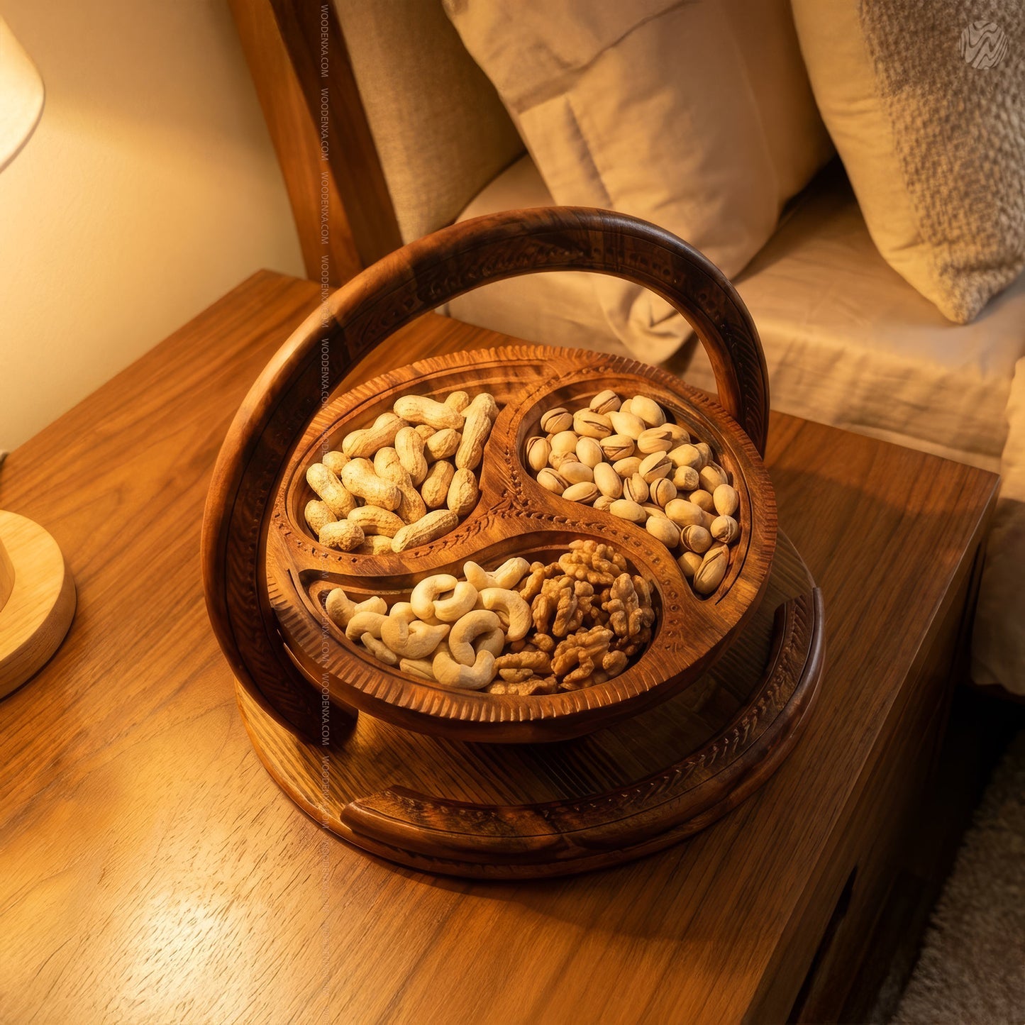 Wooden Handmade Dry Fruit Basket 3 Portion 12 inch | Spring Design by Woodenxa